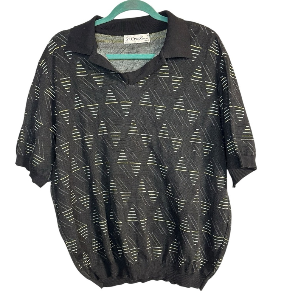 St.Croix Men’s Collared Short Sleeve Geometric Printed Black sweater medium